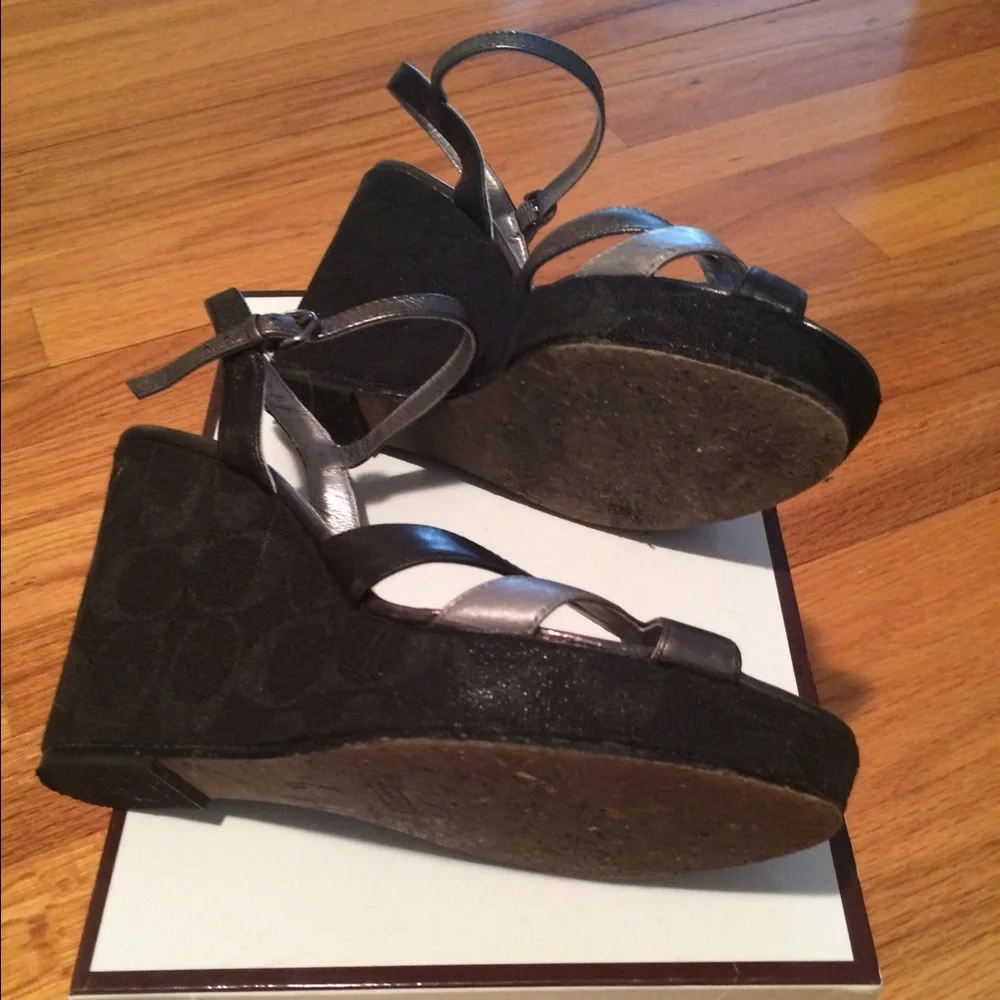 Coach Black and Metallic Silver Platform Wedge Sandals